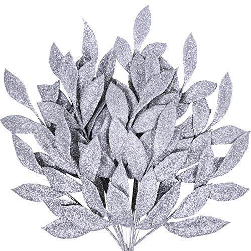 20 Pieces Artificial Silver Glitter Leaf Spray Leaf Picks 13 Tall for Christmas Winter Wedding Wreath Tree Swag Floral Arrangment Vase Bouquets Table Centerpieces Decoration