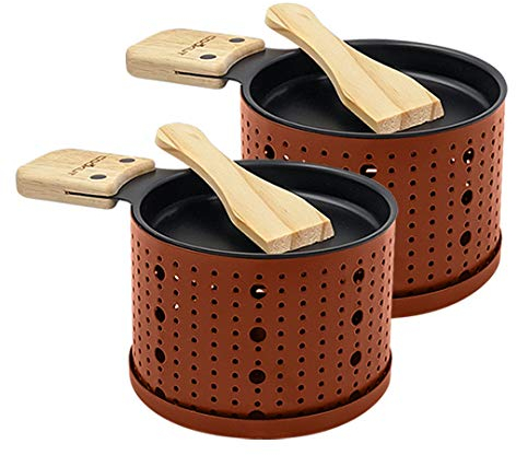 COOKUT - LUMI - Raclette Grill - Candle Fondue - Quick Heating - Chocolate Fondue, Cheese Fondue, Raclette, Welsh Rarebit - Wooden Spatula Included - Set of 2 - Terracotta