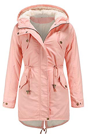 WERVOT Damen Parka Winterjacke mit Kapuze, Baumwolle Kordelzug Hoodie Fleece Gefüttert Mantel Warme Fell Jacke Outdoor Lang Coat Mit Taschen