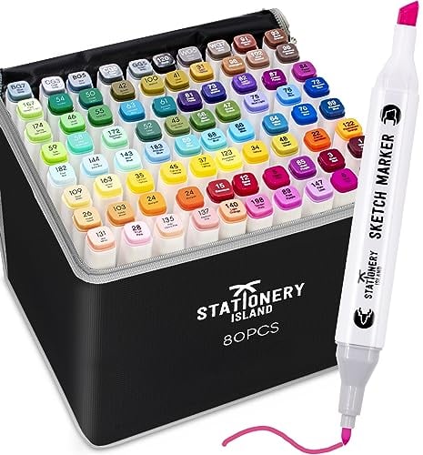 STATIONERY ISLAND Alcohol Markers Set 80 Colours, Alcohol pens Dual Tips, Colouring Pens with Carrying Bag, Graphic Marker Pens for Artist, Twin Markers Art Pens for Drawing