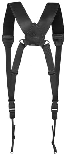 COIRO DSLR Camera Chest Harness – Leather Harness Women and Men – Comfortable Weight Distribution – Binocular Harness Ideal for Hiking – 2 Side Pockets for Batteries and Memory Card (Black)