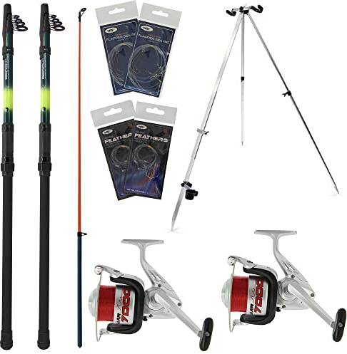 DNA Leisure 2 x Strandrolle Meeresangeln Teleskoprute & Spule Setup 9 kg rote Schnur & Stativ | Federn | Sea Rigs