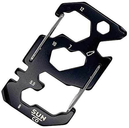 Sun Company ToolBox Karabiner – Doppelkarabiner Multifunktionswerkzeug mit 11 Werkzeugen inklusive Schraubendreher, Schraubenschlüssel und Flaschenöffner, praktisches Gadget für Camping, Wandern,