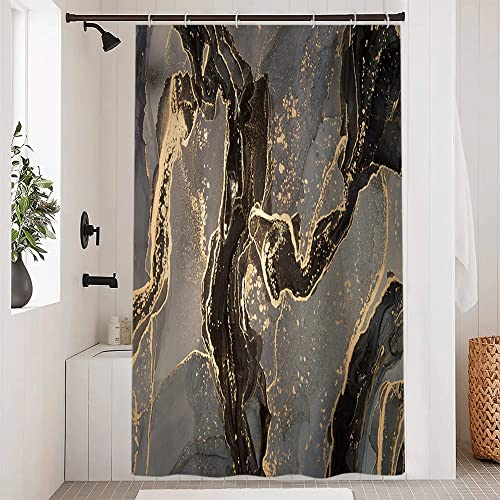 Uiiooazy Duschvorhang Schwarz Gold, Duschvorhang Marmor Grau Abstrakt Marmoriert Duschvorhäng Anti Schimmel Wasserdicht Polyester Stoff Waschbar Bad Vorhang mit 8 Haken für Badezimmer 120Bx200Hcm