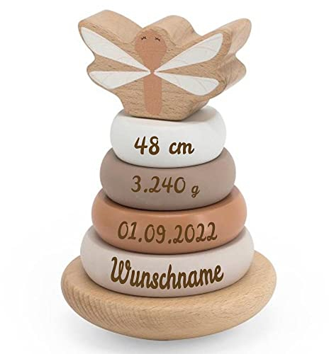 Elefantasie Holz Stapelturm beige personalisierbar mit Name und Geburtsdaten Baby Geschenk mit Gravur Geschenk zur Geburt oder Taufe