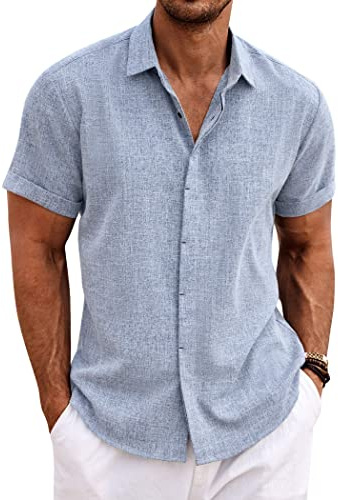 COOFANDY Men's Linen Shirt Casual Shirts Short Sleeve Shirts Button Down Linen Beach Shirts for Men Summer Outfit Light Denim Blue