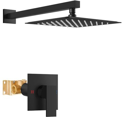 Airuida Ensemble de robinet de douche avec valve brute à filetage femelle, pommeau de douche à effet pluie et poignée, kit de garniture de valve à fonction unique, 25,4 cm, noir mat