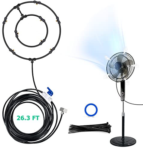 Mussozy 26.3 FT Black Modern Outdoor Misting Fan Kit - Electric Floor Fan with Misting Cooling System - 8 Brass Nozzles, 3/4 Adapter, 26.3ft PU Pipe - Outdoor Patio Garden Backyard Greenhouse Breeze