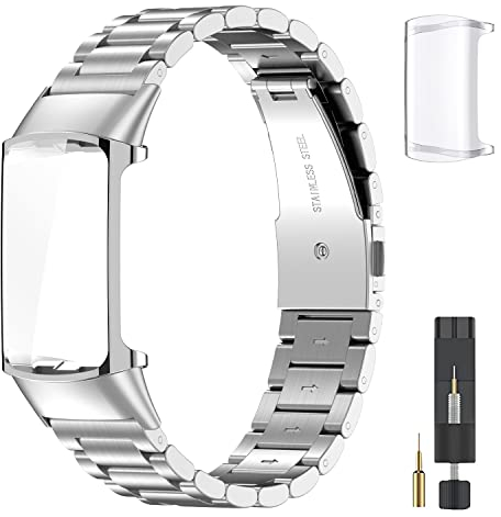 EZMVZKU Metall Armband für Fitbit Charge 5/Charge 6 mit Schutzhülle,Edelstahl Ersatzarmband Kompatibel mit Charge 6/5 Advanced Fitness/Gesundheitstracker Uhrenarmband und Cover-silver