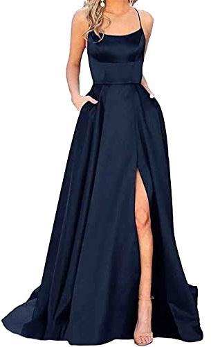 xxxiticat Abito da donna elegante, lungo, con tasche, in raso, linea ad A, senza spalline, abito da sera, sexy, con allacciatura al collo, spaghetti, lungo, da principessa, damigella d'onore, Blu