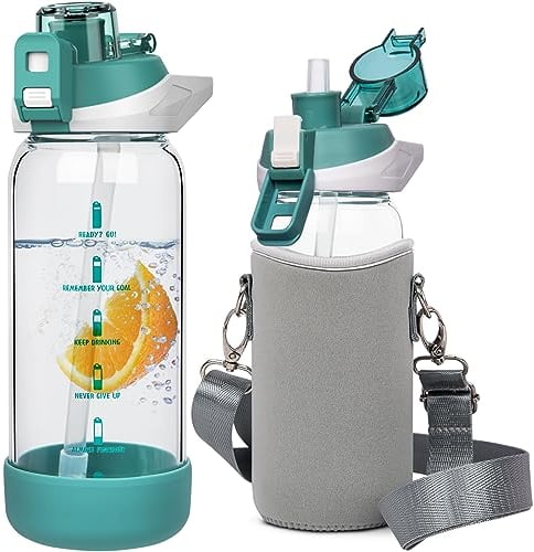 Seekua 600ml Glass Water Bottle with Straw & Time Markings BPA free Motivational Glass Drinking Bottle Leakproof