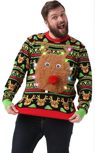 OFF THE RACK Pull de Noël Laid, LED Sweat à Tricoté Drôle de Noël pour Hommes avec Un Renne Elfe Lama et Un Arbre de Noël, Sweat-Shirt Festif Unisexe pour Noël