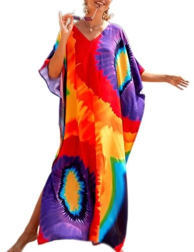 Baynetin Robe Caftan,Maxi Turc Kaftan Pareos Bohème Maillot De Bain Élegante Bikini Cover Up Imprimé Floral Kimono Boho Plage Peignoirs De Protection Taille Unique (Coloré-A)