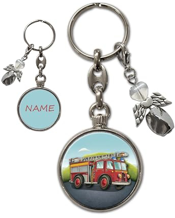 Feuerwehr Personalisierter Schlüsselanhänger mit Schutzengel | Wunschtext wie Name mit Schriftartwahl | Einschulungsgeschenk | Glücksbringer | Anhänger (Feuerwehr)