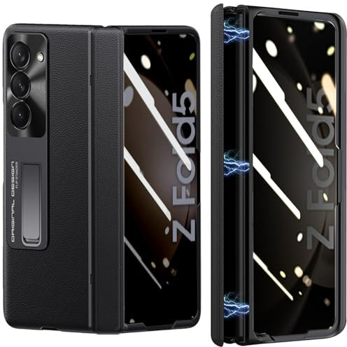 NINKI Coque pour Samsung Z Fold 5 avec Béquille,Protecteur D’écran Anti-Espion Z Fold 5 Case,Anti-Rayures Protect de Charnière Coque pour Z Fold 5,Étui en Cuir pour Samsung Z Fold 5 5G,Noir