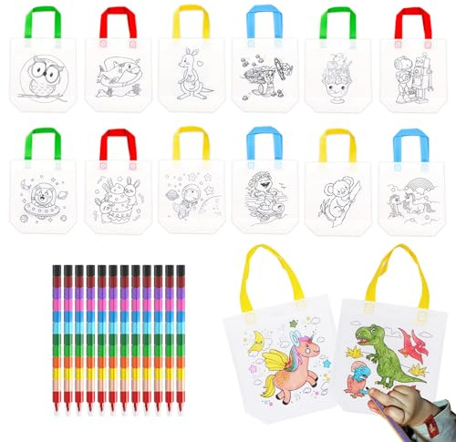 SCBOY Stoffbeutel kinder set 12 Stück DIY taschen zum bemalen für kinder und 12 Farbe Buntstifte (12 Farben in 1) Ideal für Mitgebsel kindergeburtstag,Kindergeburtstag gastgeschenke