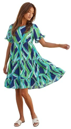 Roman Smock Dress for Women UK Ladies Swing A Line Tiered Pocket Slouch Summer Spring Everyday Evening Work Holiday Short Sleeve Smart Casual Beach Lightweight Shift - Green Navy - Size 14