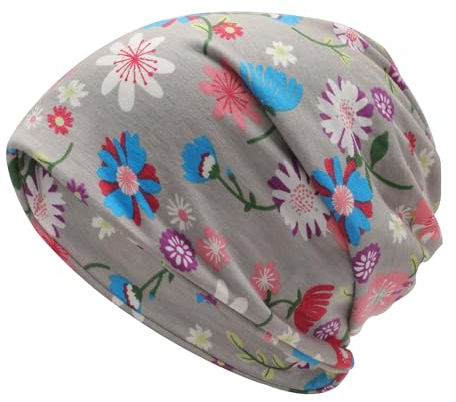 ZLYC Damen Sommer Slouch Beanie Leicht Weich Jersey Mütze Blumen Turban Hut(Blumen Grau),Einheitsgröße