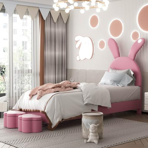 KOMHTOM Kinderbett, gepolstert, mit zwei Aufbewahrungshockern, Jugendbett mit Kopfteil, Bettrahmen, Lattenrost (ohne Matratze) (Rosa, 90 x 200 cm)