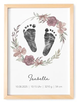 DEL MÀ Unique & Personal Baby Fußabdruck Bild personalisiert Meilenstein Poster für Babyzimmer Deko mit Blumenkranz Kinderzimmer Dekoration Erinnerung (OHNE FARBE | mit oder ohne Rahmen)