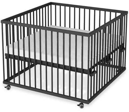 Sämann Laufstall Baby mit Matratze SleepPlus | TÜV geprüft | stufenlos höhenverstellbar | Laufgitter Premium | Babybett aus Holz | Krabbelgitter (schwarz, 100x100 cm)
