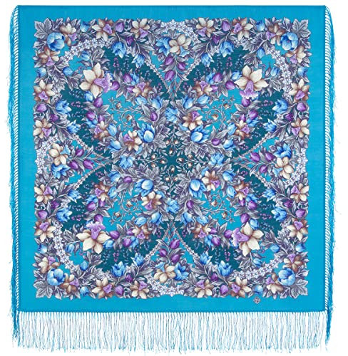 Original Damen Russischer Pawlow Pavlovo Posad Schal Blau Tuch Umschlagtuch mit Seidenfransen 100% Wolle, mit Paisley und Blumen 89cm x 89cm