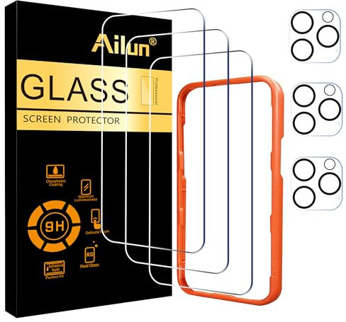 Ailun 3 Pack Screen Protector for iPhone 16 Pro Max [6.9 inch] + 3 Pack Camera Lens Protector with Installation Frame,Sensor Protection,Dynamic Island Compatible,Case Friendly Tempered Glass Film