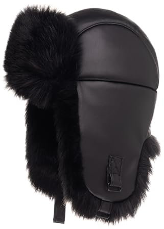 Futrzane Trapperhut aus Leder - Fliegermütze Damen - Russische Mütze Uschanka (M, Schwarz - Schwarz Siberian)