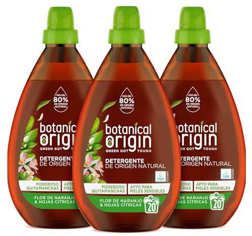 Botanical Origins Detergente para lavadora ecológico apto para pieles sensibles, aroma Flor de naranjo y hojas cítricas - Pack de 3 x 20, total 60 lavados