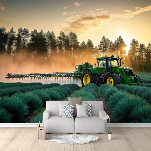 Fototapete Großer Traktor Auf Einem Bauernhof Wandtapete Tapete für verschiedene Räume 300 x 210 cm Vliestapete Schwarz Grün Wanddekoration in Wohnzimmer Schlafzimmer küche Flur