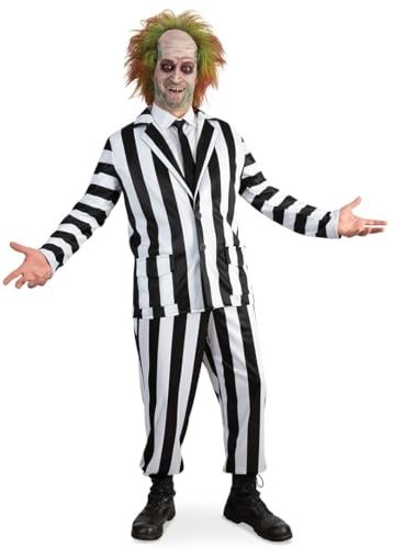 KarnevalsTeufel Kostüm-Set Geisterclown 3 teilig Jacke, Hose & Perücke Unisex Outfit für Erwachsene gestreifter Anzug in schwarz-weiß Klassischer Look (L)