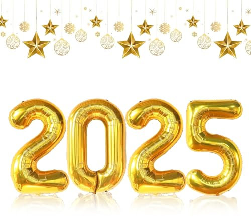 DazzJoy Silvester Deko 2025 Zahlen Luftballon Gold, 32 Zoll Happy New Year Ballon, Neujahr Folienballon für Neujahrsdeko, Silvester Dekoration, Party Zubehör