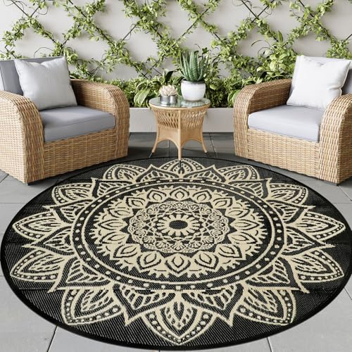 famibay Runder Outdoor-Teppich, Boho-Teppich, rund, Terrassenteppich, wasserdicht, für den Außenbereich, Kunststoff, Strohteppich, Wohnmobil-Teppich für draußen, leicht, tragbar, wendbar, für Terrasse