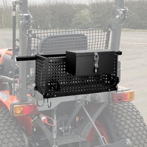 Boîte à outils robuste pour tracteur, plateau à outils pour tracteur avec boîte de verrouillage et tige d'extension réglable de 68,6 à 99,7 cm, capacité du panier de tracteur 90,7 kg avec fixations