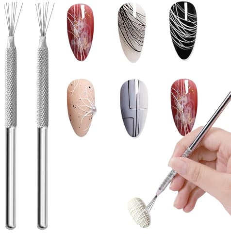 Cosmeria Herramientas de uñas de acero inoxidable, cepillo de diseño creativo de 7 pines, mango antideslizante, herramienta de precisión para arte de uñas y procesamiento de tono, 14 cm de largo