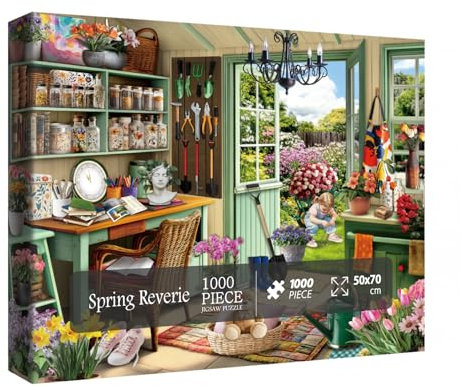 Beautiful Spring Garden Puzzles for Adults 1000 Pieces Nature, Colorful Flower Plant Art House Jigsaw Puzzles, Pretty Rose Floral Daisy Cabin Puzzle