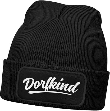 MoonWorks® Herren Beanie mit Patch Dorfkind Strickmütze mit Spruch Aufdruck Lustig Mütze Männer Schwarz Unisize
