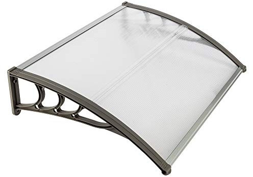 Bonnlo Auvent Porte D'entree|Marquise de Porte Exterieur en Polycarbonate et Plastique|Toit Protection Contre la Pluie et Le Soleil (Transparent,Support Gris, 100x80cm)