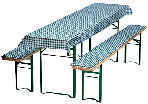 NYVI Bierbankauflagen Set NYVIGala 240x90 cm Grün Kariert - 1x Tischdecke für 220x70 cm Biertische & 2X Gepolsterte Auflage für 220x25 cm Bierbänke - Sitzauflage für Bierzeltgarnitur