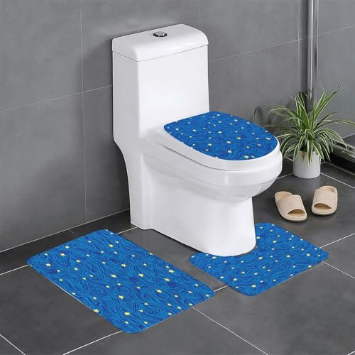 KGDHY Badezimmermatten-Sets 3-Teilig,Sternennacht, Sterne und Wolken Muster mit K, Hitzebeständige Tischsets1,Bad und WC-Vorleger-Set,rutschfeste Badezimmerteppiche wasserabsorbierende