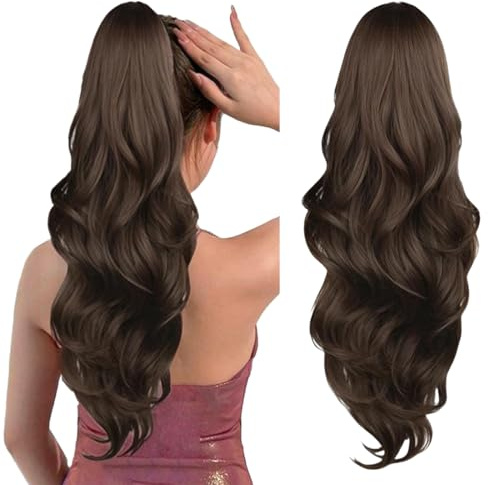 AOWVUTS Gewellt Pferdeschwanz Haarteil Lange Wellig Lockige Haarextension Synthetik Zopf Haarverlängerung mit Kordelzug Pferdeschwanz Verlängerung Haarteil Ponytail Extension für Damen (Braun)