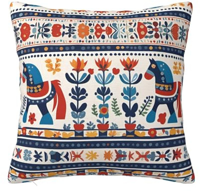 WZYWHJ Dekorative Dekokissenbezüge, 50,8 x 50,8 cm, schwedisches Dala-Pferd, Folk, bedruckt, doppelseitiges Design, quadratische Kissenbezüge für Zuhause, Bett, Sofa, Wohnzimmer, Bauernhaus, Outdoor