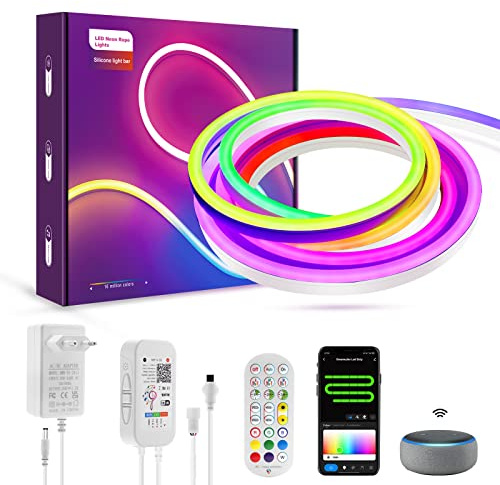 LUXONIC RGBIC Neon LED Streifen, Pro 5m, WIFI Smart LED Band mit Alexa, Google-Assistent, Neon Lichterdekoration für Schlafzimmer, Weihnachten, Party, Geburtstag und Hochzeit(IP67 Wasserdicht)