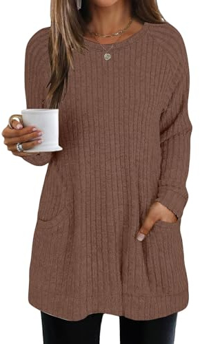 AMDOLE Women's Lightweight Jumpers with Pocket Long Sleeve Tops Casual Round Neck Ladies Curved Hem Tunic Top Long Tops to Wear with Leggings Ladies Lightweight Knit Jumpers Sweater