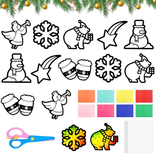 Hysagtek Fensterbilder Weihnachten Basteln - 12 Stück Weihnachtsfensterbilder Fensteraufkleber Weihnachts Bunte Fensterdeko Weihnachten DIY Winter Silvester Geschenke