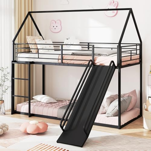 COSTWAY Letto a Castello per Bambini 90x200 cm, Letto Montessori con Scivolo Scala, Struttura in Metallo e Sponda di Sicurezza, Forma di Casa, senza Bisogno di Rete a Molle, Portata 110 kg (Nero)