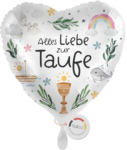 balloa Herzballon Alles Liebe zur Taufe, Folienballon, 33 cm | Taube, Regenbogen und Wal, Herzform, heliumgeeignet, ungefüllt, liebevolle Deko zur Tauffeier und als Taufgeschenk