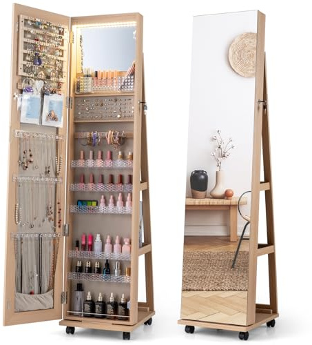 COSTWAY 360° Swivel Jewellery Cabinet, 3-Color LED Lights Lockable Jewelry Armoire with Full Length Mirror, Large Storage and Wheels, Mobile Freestanding Jewellery Organiser Unit Gift (Natural)