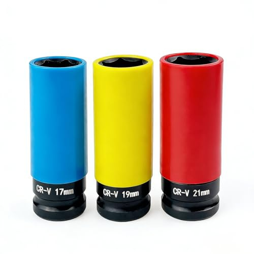 LUMITERRA Juego de 3 llaves de Vaso de Impacto con Protección Plástica, Juego de Vasos Hexagonales de lmpacto 1/2, 17mm, 19mm, 21mm, Con caja de Plástico, para Llaves de Impacto y Llaves Neumáticas