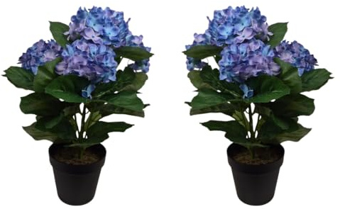 GreenBrokers x2 Artificial 42cm Blue Hydrangea Bush in Black Plastic Pot - UV Protected - Faux Silk